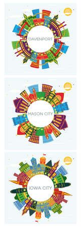 Mason City, Iowa City and Davenport Iowa Skyline Set with Color Buildings, Blue Sky and Copy Space.の写真素材