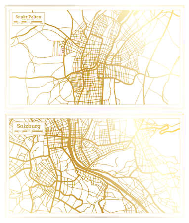 Salzburg and Sankt Polten Austria City Map Set in Retro Style in Golden Color. Outline Map.の写真素材