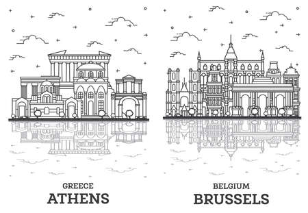 Outline Athens Greece and Brussels Belgium City Skyline Set with Historical Buildings and Reflections Isolated on White. Cityscape with Landmarks.の写真素材