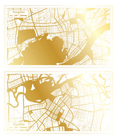 Harbin and Hangzhou China City Map Set in Retro Style in Golden Color. Outline Map.の写真素材