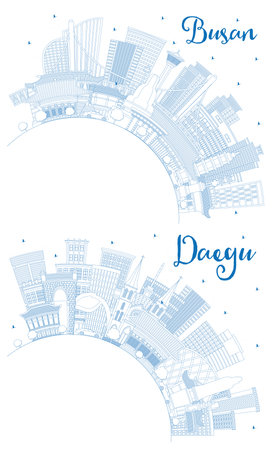 Outline Daegu and Busan South Korea City Skyline Set with Blue Buildings and Copy Space. Cityscape with Landmarks.の写真素材