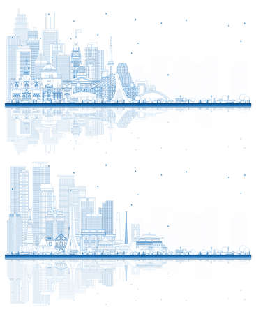 Outline Welcome to Philippines and Canada City Skyline Set with Blue Buildings. Cityscape with Landmarks. Ottawa. Toronto. Montreal. Vancouver. Manila, Quezon, Davao, Cebu.の写真素材