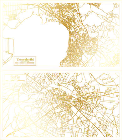 Sofia Bulgaria and Thessaloniki Greece City Map Set in Retro Style in Golden Color. Outline Map.の写真素材