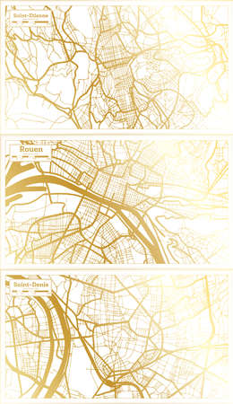 Rouen, Saint Denis and Saint Etienne France City Map Set in Retro Style in Golden Color. Outline Map.の写真素材