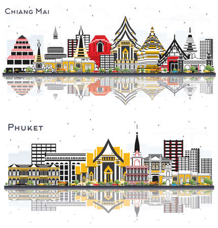 Phuket and Chiang Mai Thailand City Skyline Set with Color Buildings and Reflections Isolated on White. Cityscape with Landmarks.の写真素材