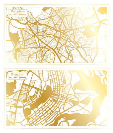 Brasilia and Campinas Brazil City Map Set in Retro Style in Golden Color. Outline Map.の写真素材