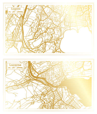 Lucerne and Lugano Switzerland City Map Set in Retro Style in Golden Color. Outline Map.の写真素材