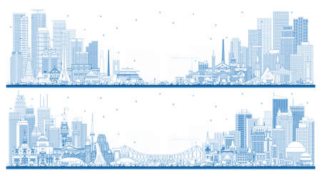 Outline Welcome to Canada and Philippines City Skyline Set with Blue Buildings. Cityscape with Landmarks. Manila, Quezon, Davao, Cebu. Ottawa. Toronto. Montreal. Vancouver.の写真素材