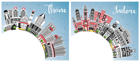 Indore and Thane India City Skyline Set with Gray Buildings, Blue Sky and Copy Space. Cityscape with Landmarks.の写真素材