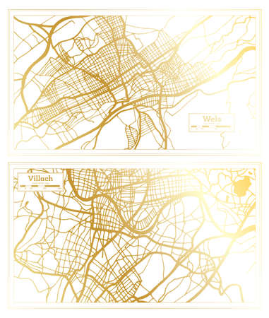 Villach and Wels Austria City Map Set in Retro Style in Golden Color. Outline Map.の写真素材