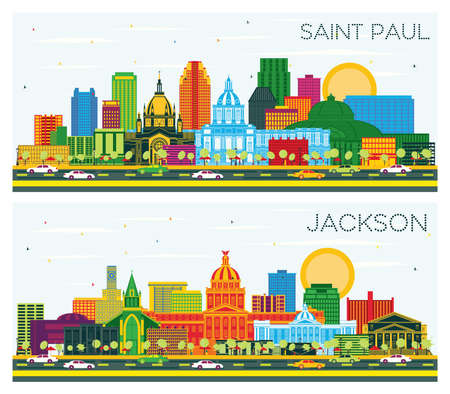 Jackson Mississippi and Saint Paul Minnesota City Skyline Set with Color Buildings and Blue Sky.の写真素材