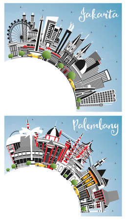 Palembang and Jakarta Indonesia City Skyline Set with Gray Buildings, Blue Sky and Copy Space. Cityscape with Landmarks.の写真素材