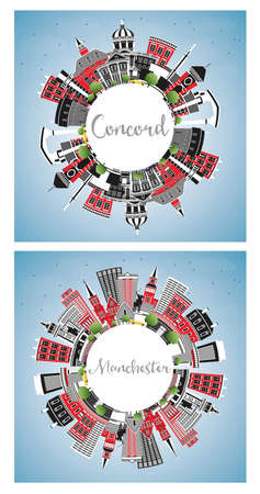 Manchester and Concord New Hampshire City Skyline Set with Gray Buildings, Blue Sky and Copy Space. Cityscape with Landmarks.の写真素材