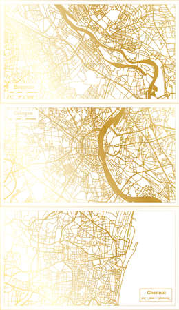 Cologne Germany, Chennai India and Bremen Germany City Map Set in Retro Style in Golden Color. Outline Map.の写真素材