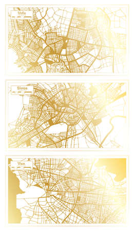 Sivas, Van and Urfa Turkey City Map Set in Retro Style in Golden Color. Outline Map.の写真素材
