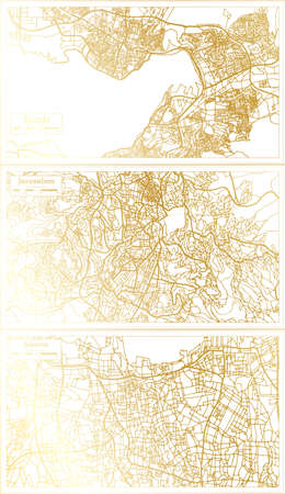 Jerusalem Israel, Jakarta Indonesia and Izmir Turkey City Map Set in Retro Style in Golden Color. Outline Map.の写真素材