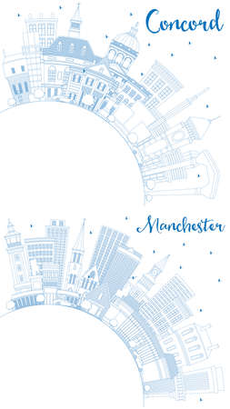 Outline Manchester and Concord New Hampshire City Skyline Set with Blue Buildings and Copy Space. Cityscape with Landmarks.の写真素材