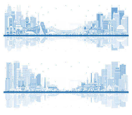 Outline Welcome to Philippines and Canada City Skyline Set with Blue Buildings. Cityscape with Landmarks. Ottawa. Toronto. Montreal. Vancouver. Manila, Quezon, Davao, Cebu.の写真素材