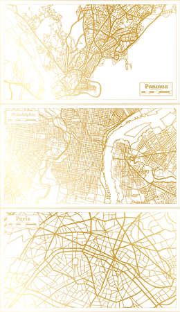 Philadelphia USA, Paris France and Panama City Map Set in Retro Style in Golden Color. Outline Map.の写真素材
