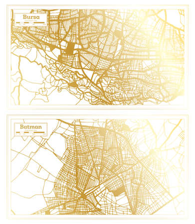 Batman and Bursa Turkey City Map Set in Retro Style in Golden Color. Outline Map.の写真素材