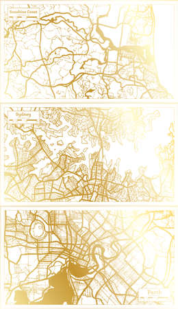 Sydney, Perth and Sunshine Coast Australia City Map Set in Retro Style in Golden Color. Outline Map.の写真素材