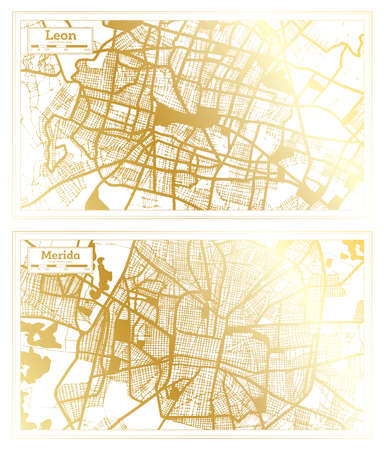 Merida and Leon Mexico City Map Set in Retro Style in Golden Color. Outline Map.の写真素材