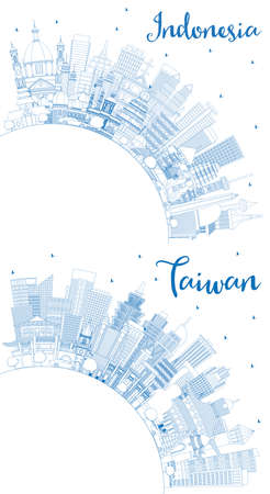 Outline Taiwan and Indonesia Cities Skyline Set with Blue Buildings and Copy Space. Indonesia Cityscape with Landmarks. Jakarta. Surabaya. Bekasi. Taipei. Kaohsiung. Taichung. Tainan.の写真素材