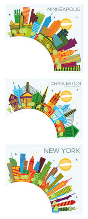 New York USA, Minneapolis Minnesota and Charleston South Carolina City Skyline Set with Color Buildings, Blue Sky and Copy Space.の写真素材