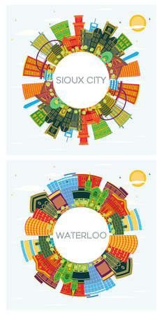 Waterloo and Sioux City Iowa Skyline Set with Color Buildings, Blue Sky and Copy Space. Cityscape with Landmarks.の写真素材