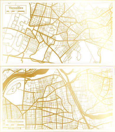 Villeurbanne and Versailles France City Map Set in Retro Style in Golden Color. Outline Map.の写真素材
