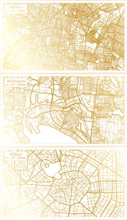 Melbourne Australia, Milan Italy and Mexico City Map Set in Retro Style in Golden Color. Outline Map.の写真素材