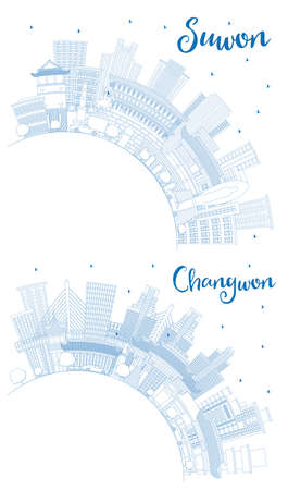 Outline Changwon and Suwon South Korea City Skyline Set with Blue Buildings and Copy Space. Cityscape with Landmarks.の写真素材