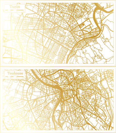 Toulouse France and Turin Italy City Map Set in Retro Style in Golden Color. Outline Map.の写真素材