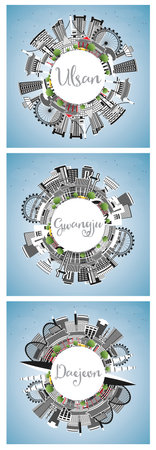 Gwangju, Daejeon and Ulsan South Korea City Skyline Set with Color Buildings, Blue Sky and Copy Space. Cityscape with Landmarks.の写真素材