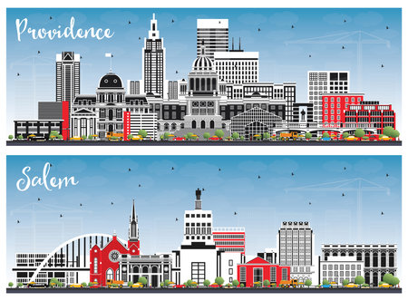 Salem Oregon and Providence Rhode Island City Skyline Set with Color Buildings and Blue Sky. Cityscape with Landmarks. Business Travel and Tourism Concept with Modern Architecture.の写真素材
