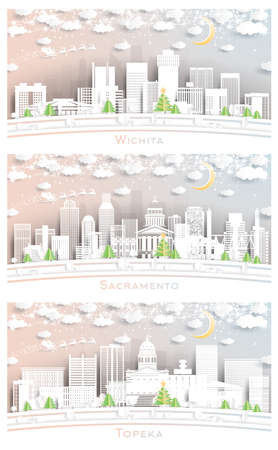 Topeka, Wichita Kansas and Sacramento California USA City Skyline Set in Paper Cut Style with Snowflakes, Moon and Neon Garland.の写真素材