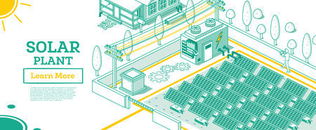 Modern Electricity Solar Plant Facility Building. Vector Illustration. Renewable Green Energy...