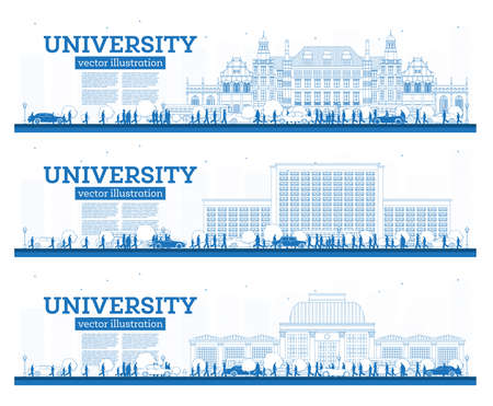 Outline University Campus Set. Study Banners. Vector Illustration. Students Go to the Main Building of University. Skyline with Blue Sky and Green Tree. Banner with Copy Space.のイラスト素材