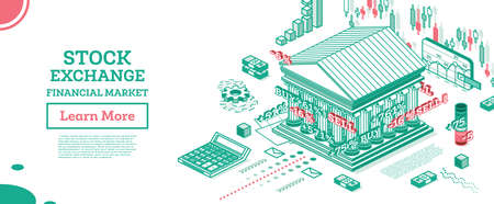 Isometric Stock Exchange Building. Outline Bank. Vector Illustration. Business Finance District. Display of Changes of Stock Market Quotes. Japanese Candles. Financial Market. Forex.のイラスト素材