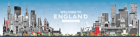 Welcome to England City Skyline with Gray Buildings and Blue Sky. Vector Illustration. Concept with Historic Architecture. England Cityscape with Landmarks. Bristol. Leeds. Sheffield. London.のイラスト素材