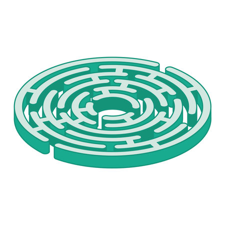 Circle Isometric Labyrinth Isolated on White Background. Outline Maze. Fun Logic Game with Riddle. Vector Illustration.のイラスト素材