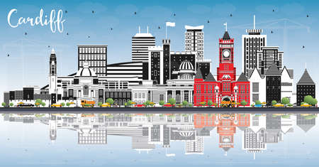 Cardiff Wales City Skyline with Color Buildings, Blue Sky and Reflections. Vector Illustration. Cardiff UK Cityscape with Landmarks. Business Travel and Tourism Concept with Historic Architecture.のイラスト素材