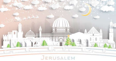 Jerusalem Israel City Skyline in Paper Cut Style with White Buildings, Moon and Neon Garland. Vector Illustration. Travel and Tourism Concept. Jerusalem Cityscape with Landmarks.のイラスト素材