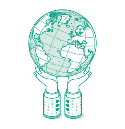 Isometric Businessman Hands Keeping Globe. Outline Environmental Conservation Concept Isolated on White. Vector Illustration. Global Business.のイラスト素材