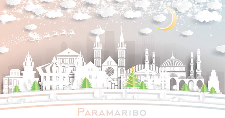 Paramaribo Suriname City Skyline in Paper Cut Style with Snowflakes, Moon and Neon Garland. Vector Illustration. Christmas and New Year Concept. Santa Claus on Sleigh. Paramaribo Cityscape.のイラスト素材