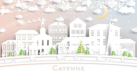 Cayenne French Guiana City Skyline in Paper Cut Style with Snowflakes, Moon and Neon Garland. Vector Illustration. Christmas and New Year Concept. Santa Claus on Sleigh. Cayenne Cityscape.のイラスト素材