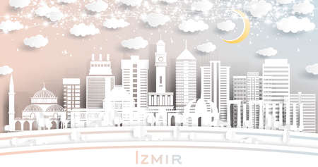 Izmir Turkey City Skyline in Paper Cut Style with White Buildings, Moon and Neon Garland. Vector Illustration. Travel and Tourism Concept. Izmir Cityscape with Landmarks.のイラスト素材