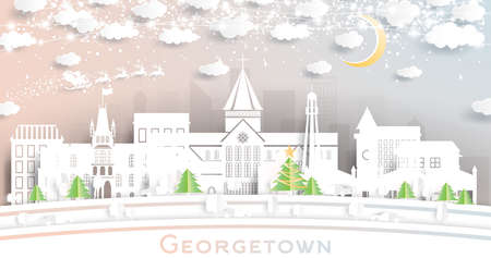 Georgetown Guyana City Skyline in Paper Cut Style with Snowflakes, Moon and Neon Garland. Vector Illustration. Christmas and New Year Concept. Santa Claus on Sleigh. Georgetown Cityscape.のイラスト素材