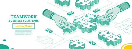 Teamwork Concept. Hands Hold Pieces of Puzzle and Try to Connect It. Vector Illustration. Outline Isometric Concept. Business Solution. Infographic Element.のイラスト素材