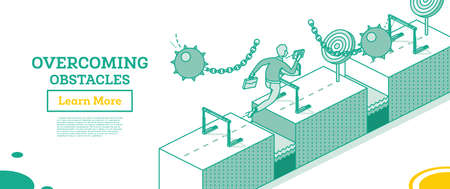 Overcome Business Obstacles. Businessman Jumps over Hurdle and Dodges from Swinging Wrecking Balls. Isometric Outline Concept. Vector Illustration. Barrier on Way to Success.のイラスト素材